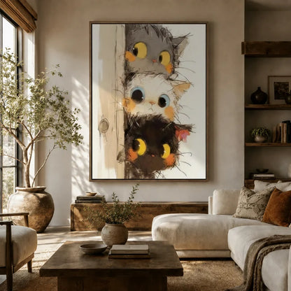 Whimsical stacked cats peeking door framed canvas hanging as large statement art in a bright boho living room