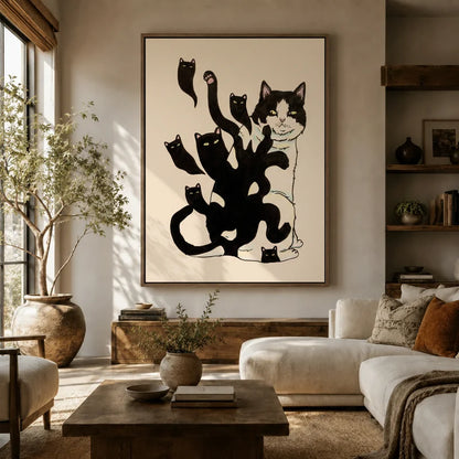 Large black white cat shadow illustration canvas above white sofa in bright boho living room with olive tree and shelves