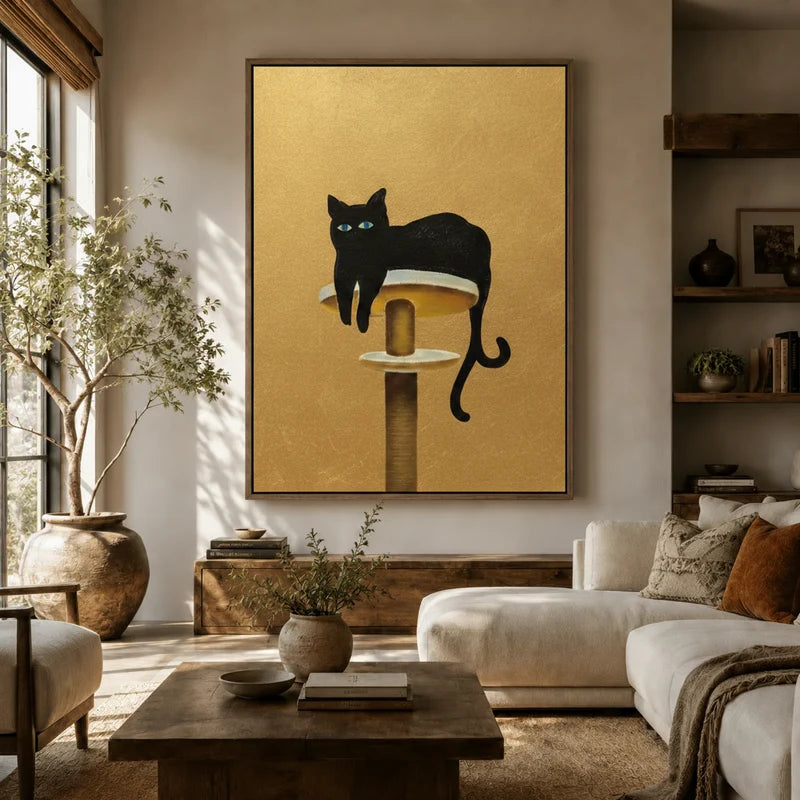 Oversized black cat on tower wall art in floater frame above a white sofa in a sunlit organic modern living room