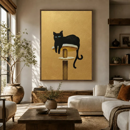 Oversized black cat on tower wall art in floater frame above a white sofa in a sunlit organic modern living room
