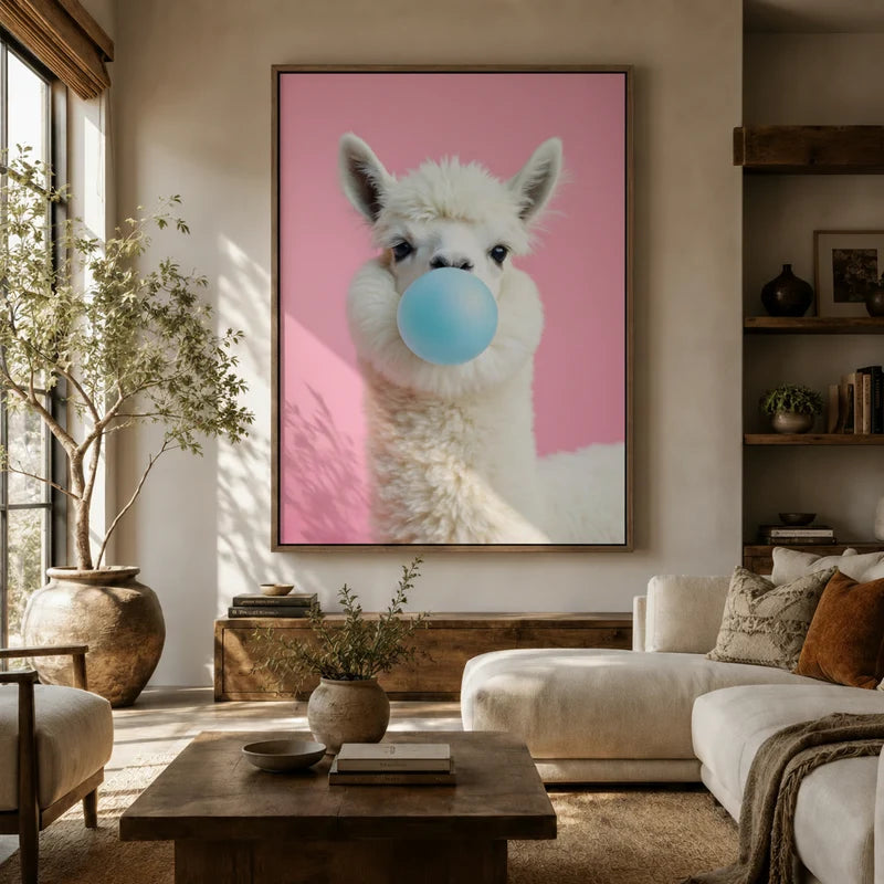 Large alpaca bubble gum pop art canvas wall art above sofa in bright boho living room