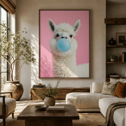 Large alpaca bubble gum pop art canvas wall art above sofa in bright boho living room