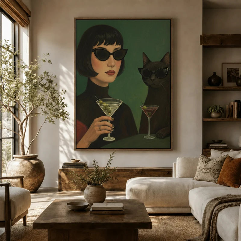 Large dark glam figurative canvas above sofa in earthy boho living room, woman and cat with martinis
