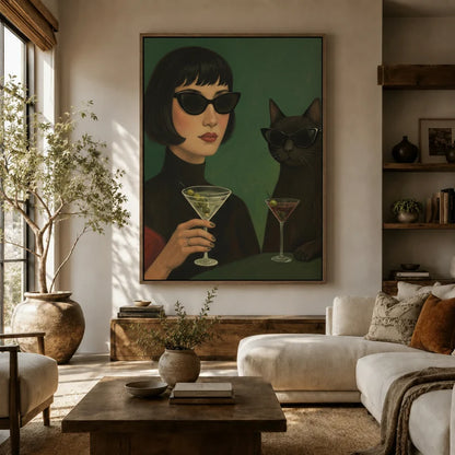 Large dark glam figurative canvas above sofa in earthy boho living room, woman and cat with martinis