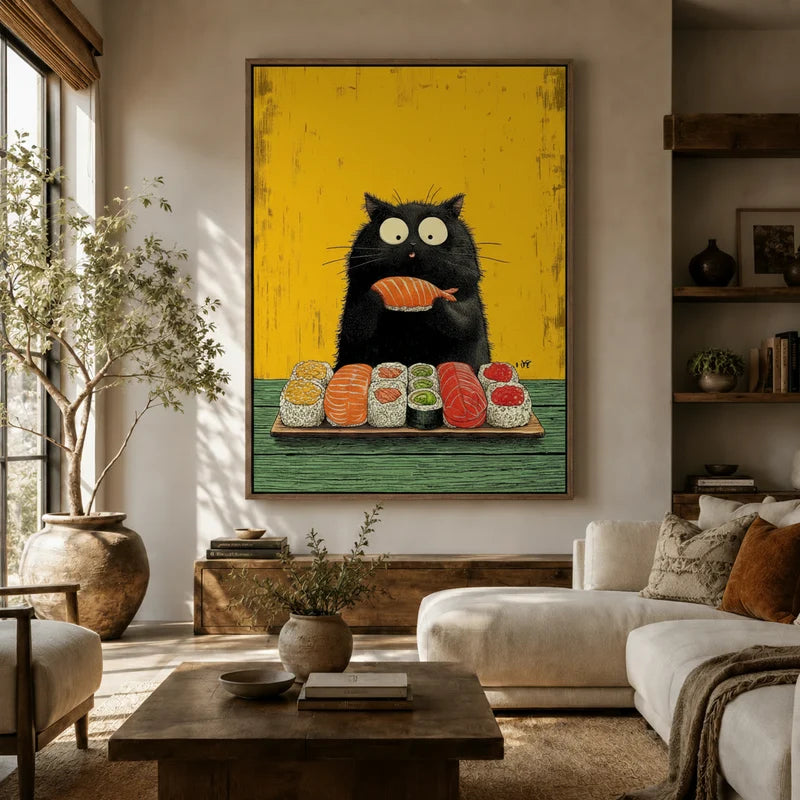 Large whimsical black cat canvas displayed above sofa in a boho living room with warm neutral tones