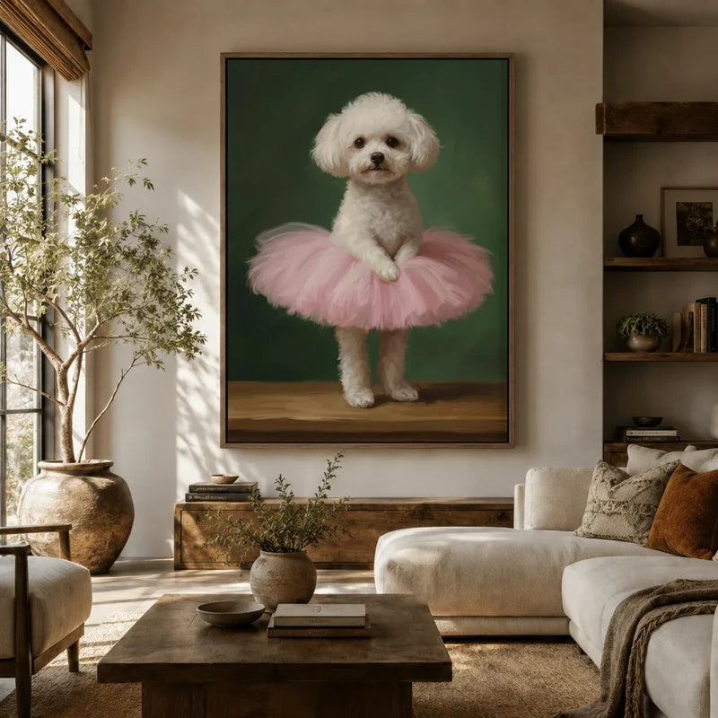 Large whimsical poodle tutu canvas above sofa in earthy boho living room with olive tree and wooden shelves