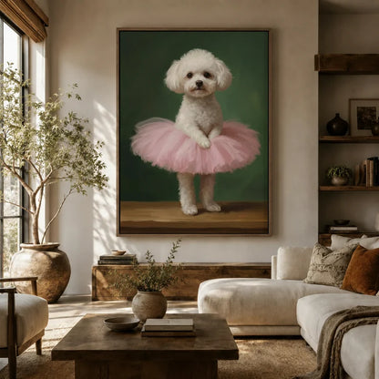 Large whimsical poodle tutu canvas above sofa in earthy boho living room with olive tree and wooden shelves