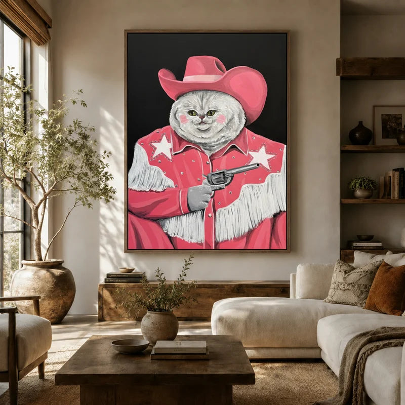 Large bold cowgirl cat western canvas above white sofa in bright boho living room with olive tree and wood shelves
