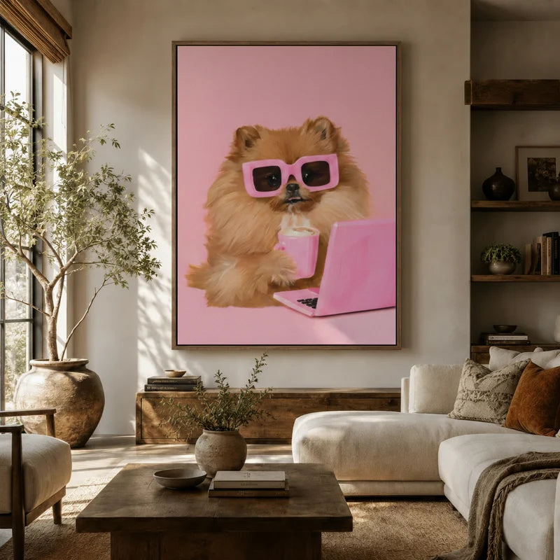 Large pink Pomeranian wall art in floater frame displayed above a white sofa in a boho living room