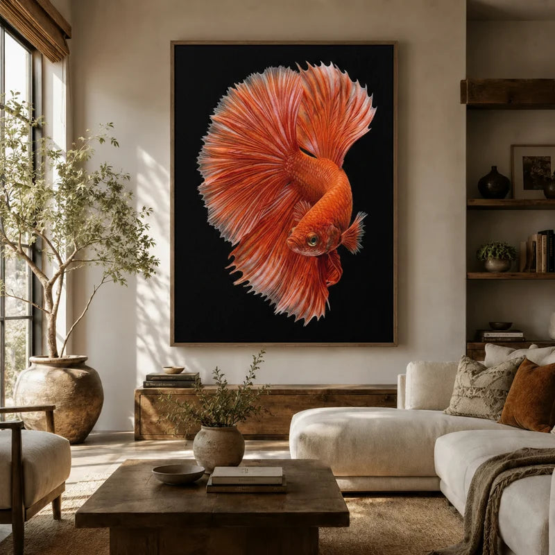 Funny black cat balloon dog canvas art hanging above sofa in a bright boho-style living room
