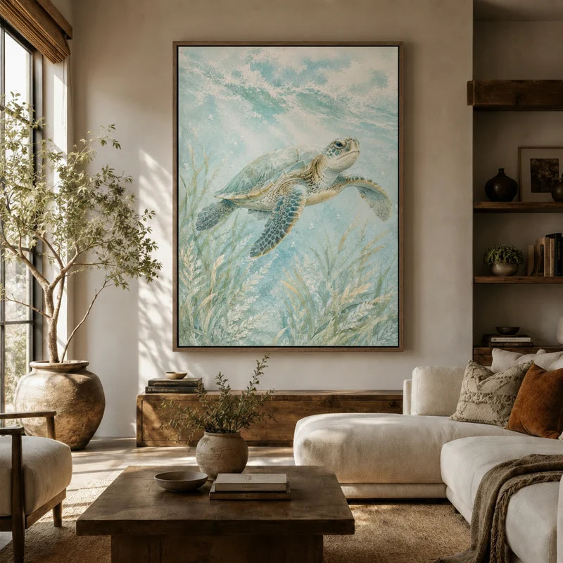 Large framed sea turtle canvas art displayed above a sofa in a bright boho living room
