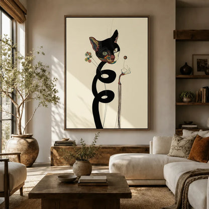 Large surrealist black cat canvas above a white sofa in a bright boho living room with natural textures