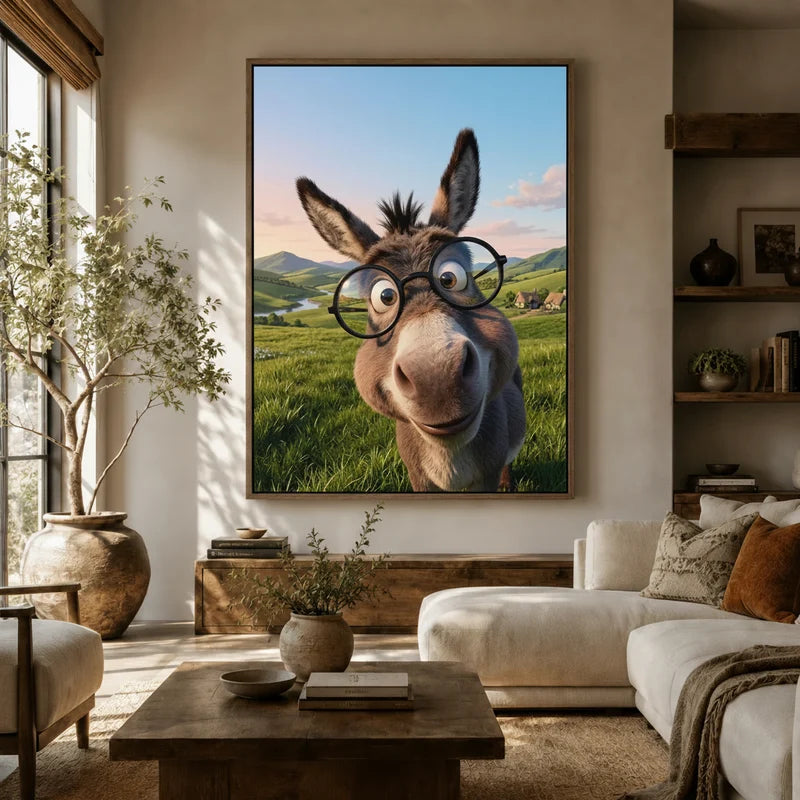 Large hyper-realistic donkey with round glasses canvas above white sofa in bright farmhouse living room with olive tree