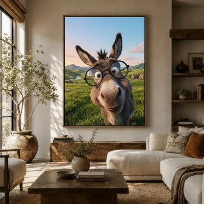 Large hyper-realistic donkey with round glasses canvas above white sofa in bright farmhouse living room with olive tree