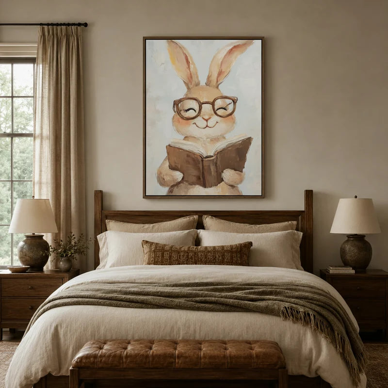 Large watercolor bunny reading canvas wall art above bed in cozy farmhouse bedroom