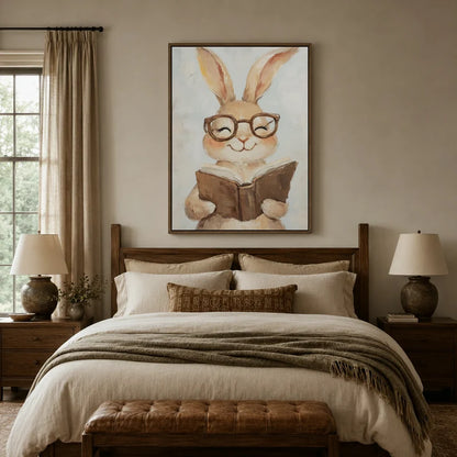 Large watercolor bunny reading canvas wall art above bed in cozy farmhouse bedroom