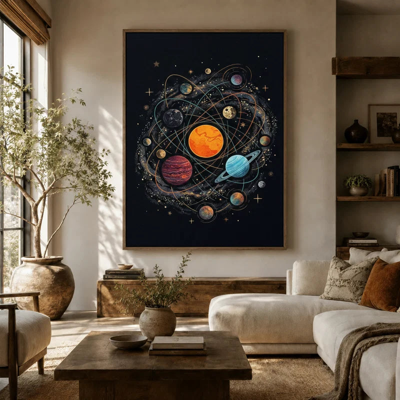 Celestial planet wall art in a cozy living room with warm natural light and linen armchair