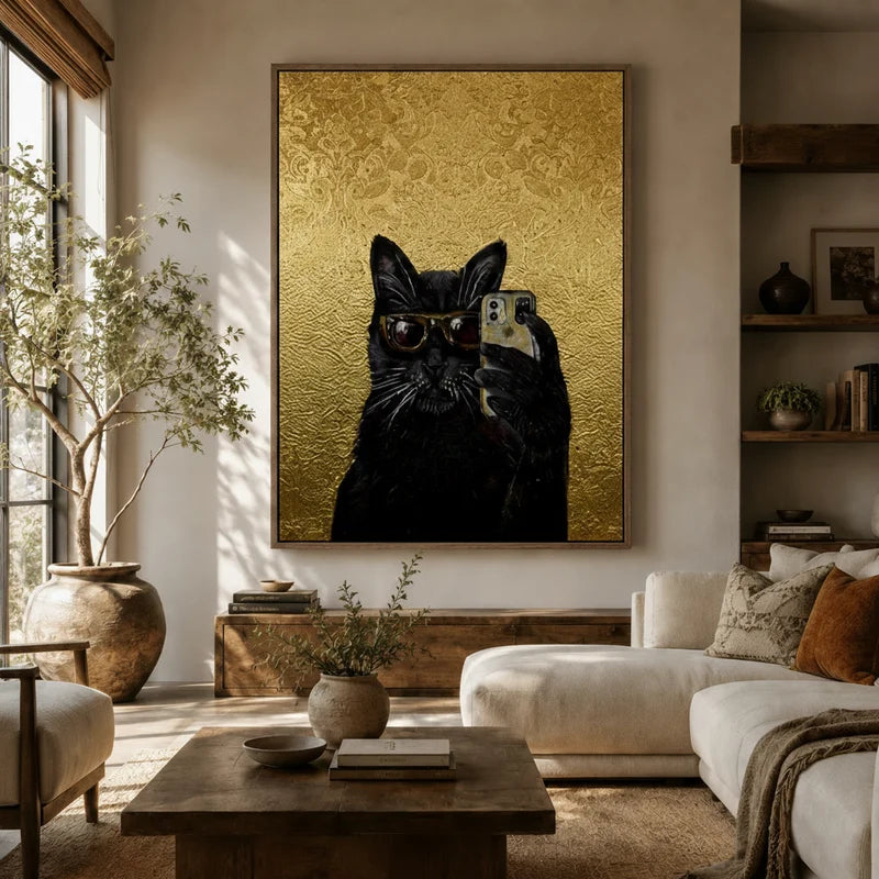 Large gold glam black cat selfie canvas above white sofa in earthy boho living room with wooden shelves