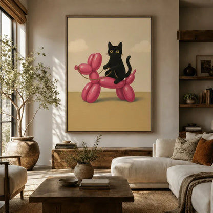 Whimsical black cat balloon dog framed canvas art hanging in a sunlit boho living room