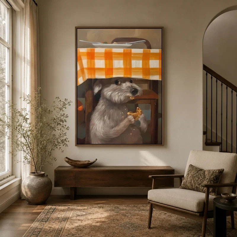 Framed funny schnauzer sneaking food under checkered tablecloth canvas wall art in warm neutral entryway