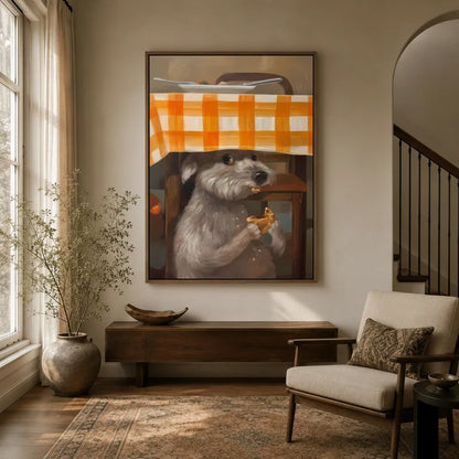 Framed funny schnauzer sneaking food under checkered tablecloth canvas wall art in warm neutral entryway