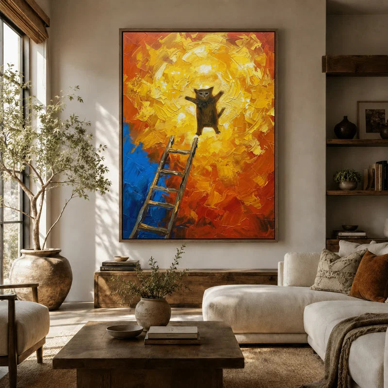 Large expressive cat leaping into golden light canvas art above a sofa in a warm living room