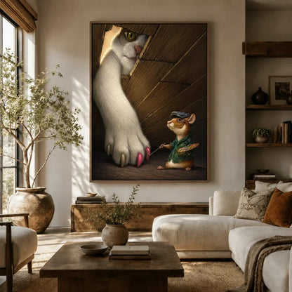 Large whimsical mouse artist painting cat paw canvas above white sofa in warm boho living room with olive tree
