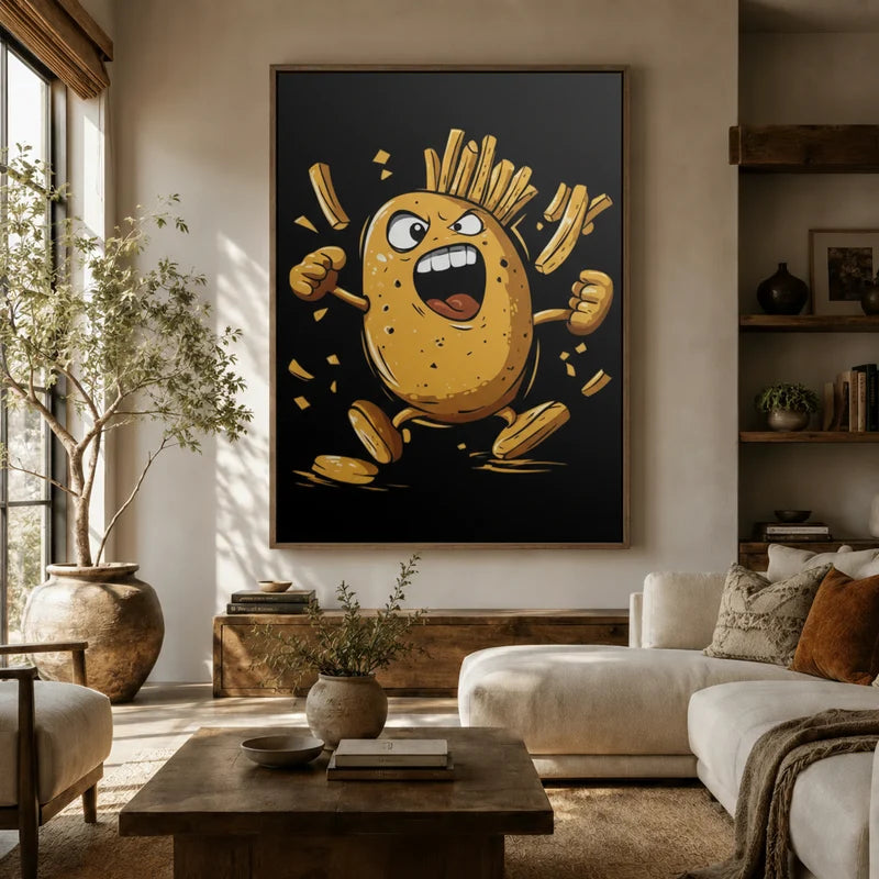 Large funny potato fries canvas hung on a living room wall above a white sofa in a warm neutral space