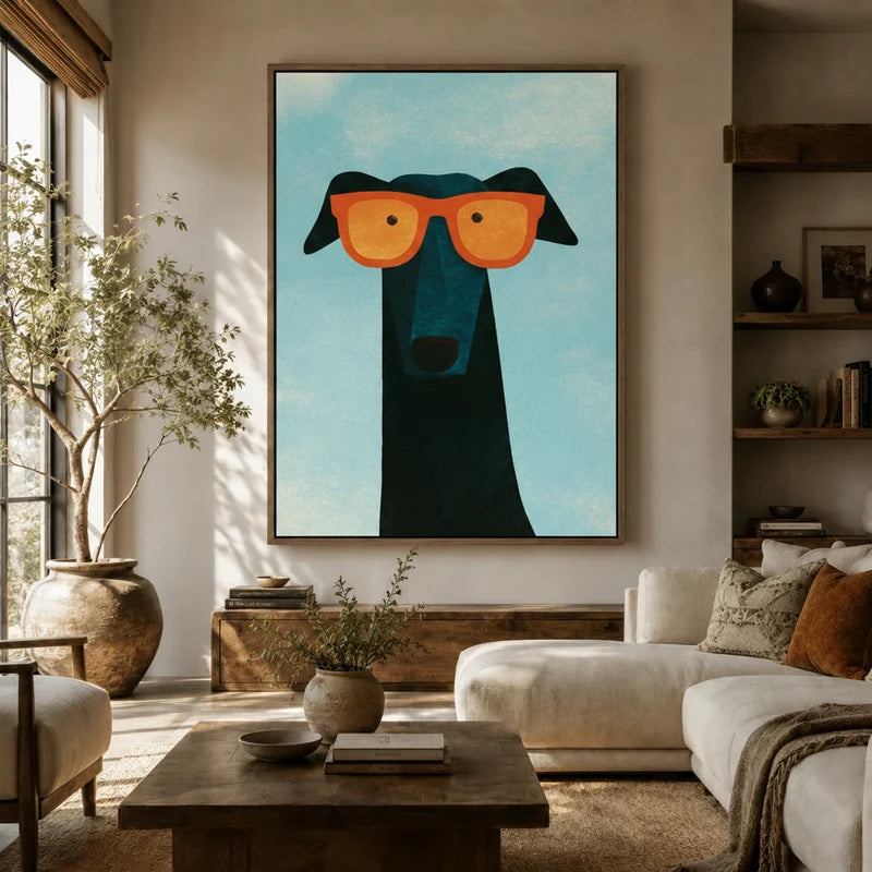 Funny pop art dog portrait hanging in a cozy living room with natural light and linen armchair