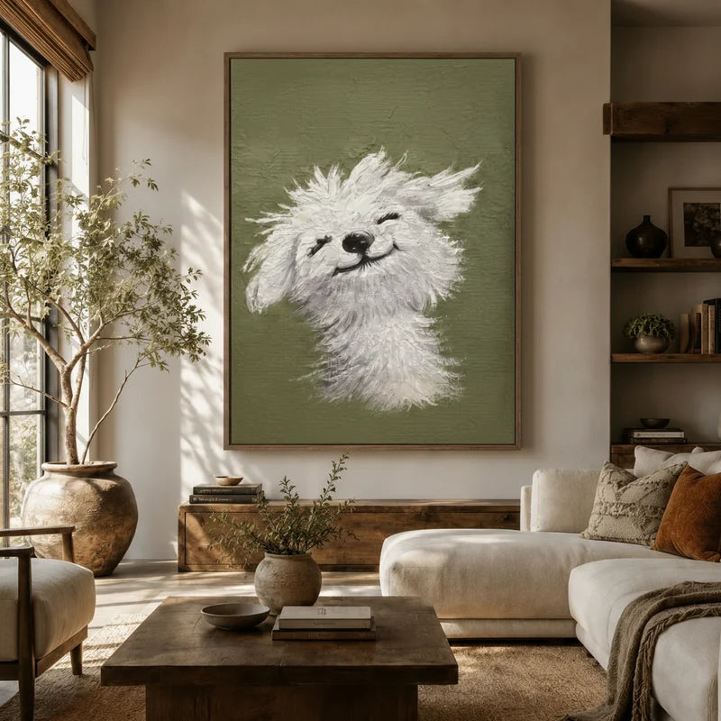 Joyful fluffy dog portrait wall art above sofa in a bright boho living room with wood shelving and large potted tree