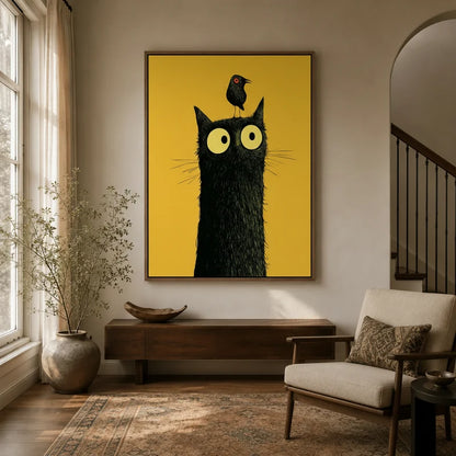 Large funny black cat canvas wall art displayed in warm neutral entryway with arched doorway and staircase
