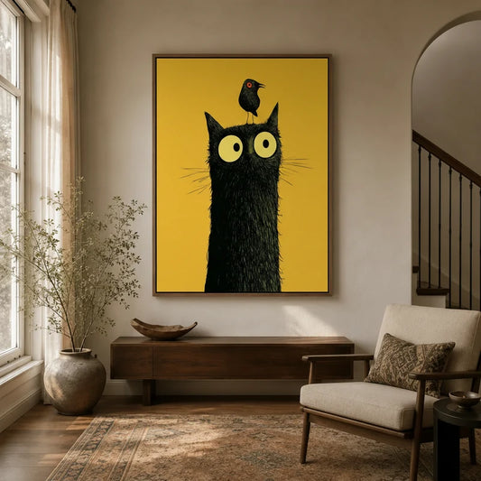 Large funny black cat canvas wall art displayed in warm neutral entryway with arched doorway and staircase