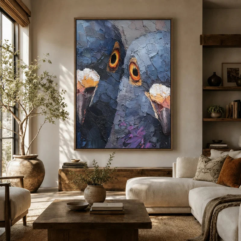 Large bold pigeon impasto canvas wall art above sofa in bright modern boho living room