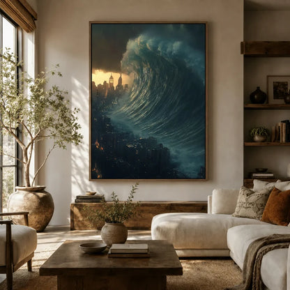 Large dramatic ocean wave canvas above a white sofa in a bright boho living room with natural textures