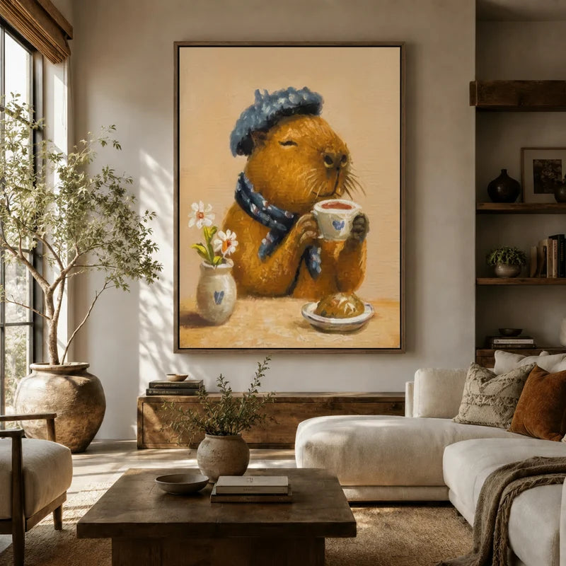 Large capybara tea canvas above sofa in bright earthy living room, beret-wearing capybara with daisy vase