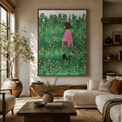 Large botanical girl and cat meadow canvas above sofa in earthy boho living room with olive tree