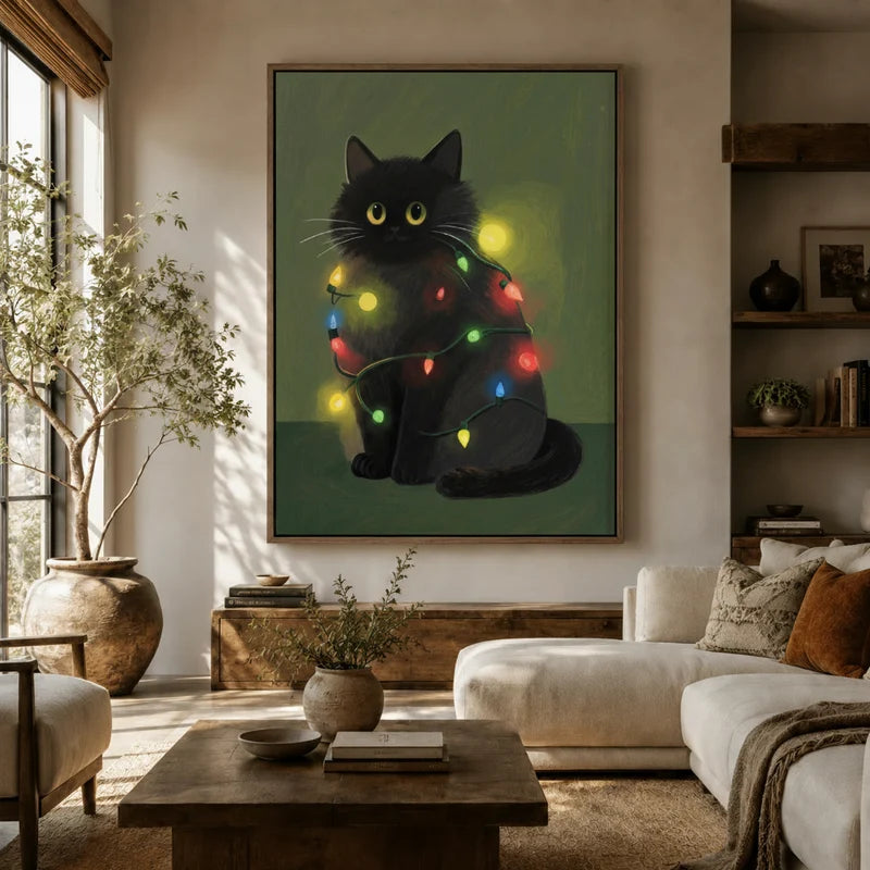 Whimsical black cat string lights canvas above sofa in cozy boho living room with earthy tones