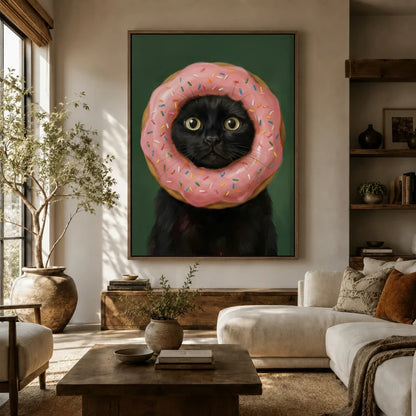 Funny black cat in pink donut framed canvas art hanging above a sofa in a warm boho living room