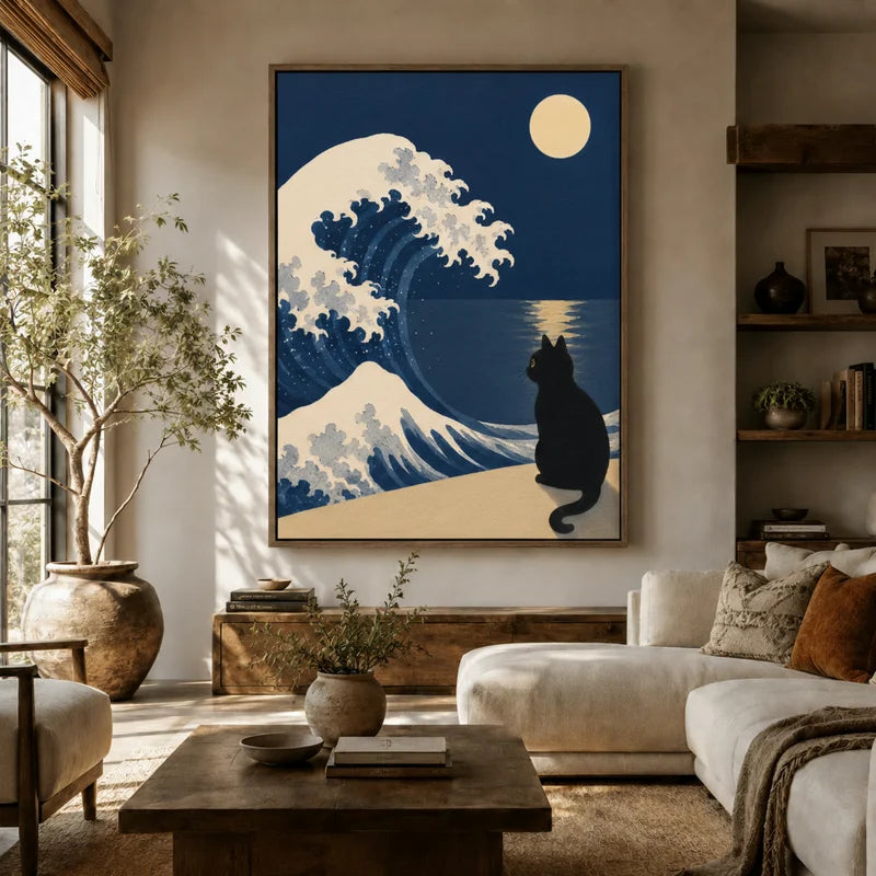 Large Japanese wave cat canvas displayed above sofa in bright boho living room with neutral tones