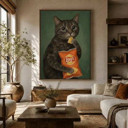 Funny snacking cat wall art hung above a sofa in a warm boho living room with earthy tones and plants