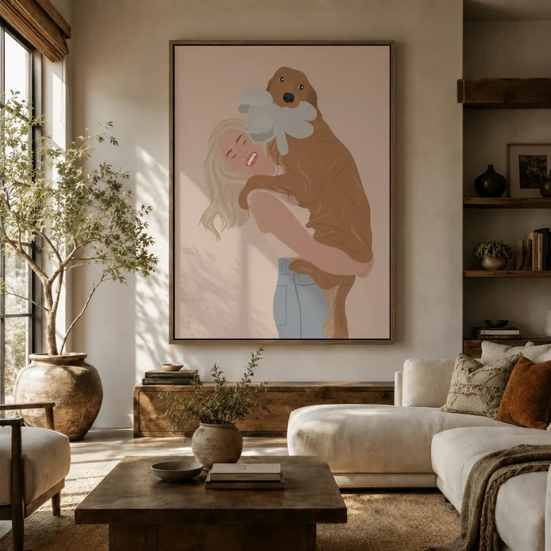 Boho girl lifting dog illustration canvas wall art hung above a sofa in a warm living room with earthy tones