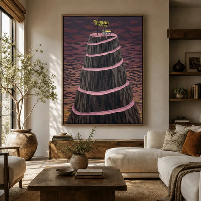 Absurdist Waffle House canvas wall art hung above a sofa in a cozy boho living room with earthy tones