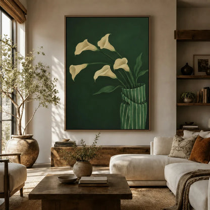Dark green calla lily floral wall art above sofa in a cozy boho living room with wood coffee table and shelving