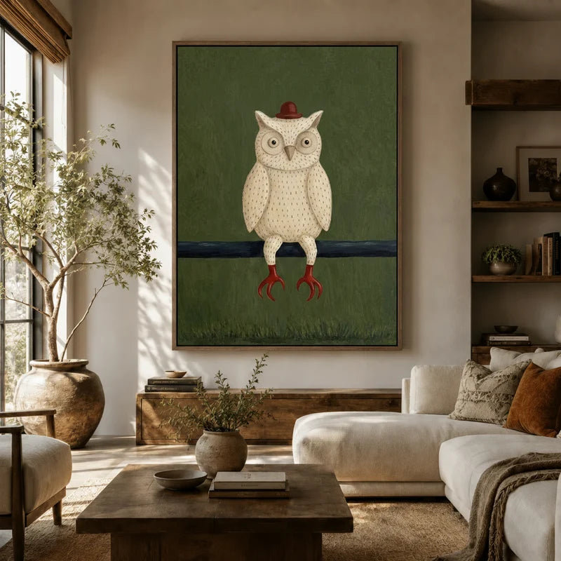 Large framed folk art owl with red hat canvas above a white sofa in a boho living room