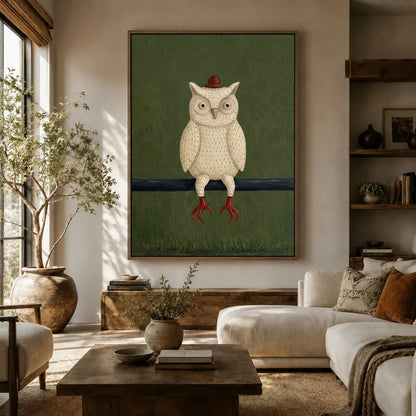 Large framed folk art owl with red hat canvas above a white sofa in a boho living room