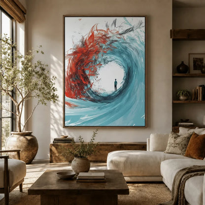 Large teal and red abstract wave canvas above white sofa in bright boho living room with olive tree and wood shelves