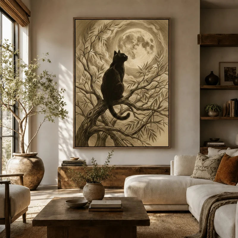 Large vintage botanical black cat canvas hanging above sofa in a sunlit boho living room