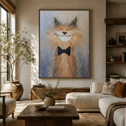 Happy ginger cat with bow tie wall art in a cozy living room with natural light and linen armchair