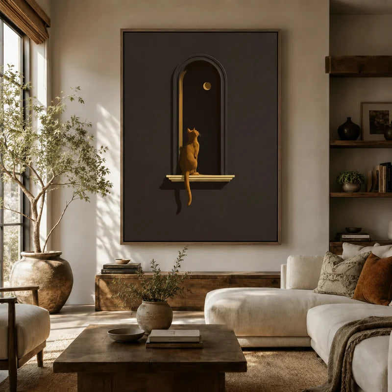 Moody golden cat moon arch canvas hanging above a cream sofa in a sunlit boho living room