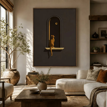 Moody golden cat moon arch canvas hanging above a cream sofa in a sunlit boho living room